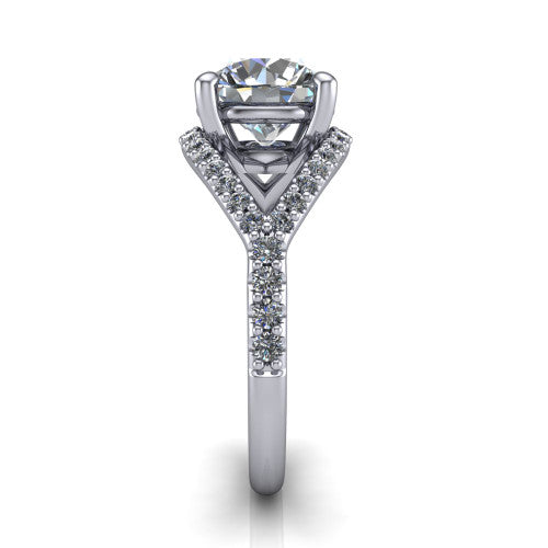 Clementine round classic engagement ring in 14K White Gold, side profile showing the pavé split shank crossing in a bypass beneath the center