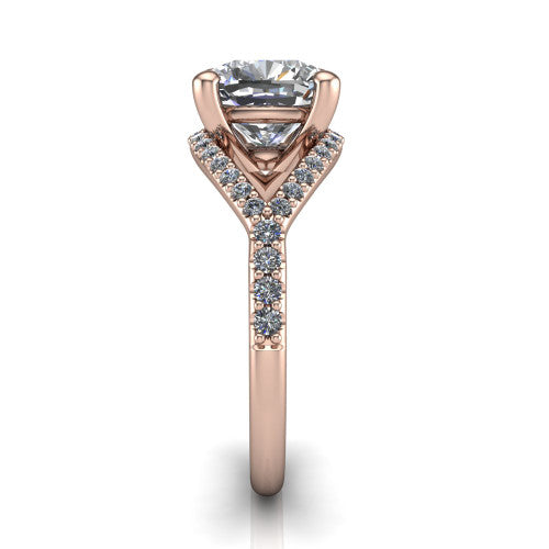 Clementine cushion classic engagement ring in 18K Rose Gold, side profile showing the pavé split shank crossing in a bypass beneath the center