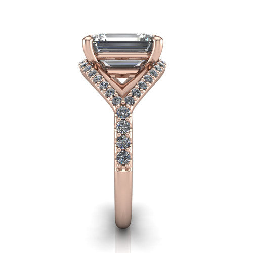 Clementine emerald classic engagement ring in 14K Rose Gold, side profile showing the pavé split shank crossing in a bypass beneath the center