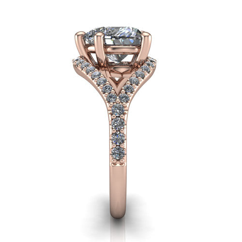 Clementine heart classic engagement ring in 14K Rose Gold, side profile showing the pavé split shank crossing in a bypass beneath the center