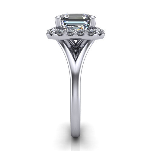 Seraphina asscher halo engagement ring in 18K White Gold, side profile showing the pavé split shank dividing into two diamond-lined rails beneath the halo