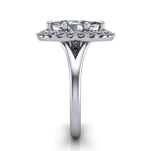 Seraphina marquise halo engagement ring in 14K White Gold, side profile showing the pavé split shank dividing into two diamond-lined rails beneath the halo