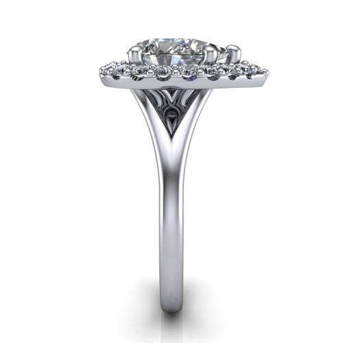 Seraphina pear halo engagement ring in 14K White Gold, side profile showing the pavé split shank dividing into two diamond-lined rails beneath the halo