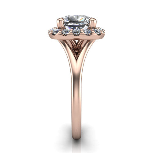 Seraphina cushion halo engagement ring in 14K Rose Gold, side profile showing the pavé split shank dividing into two diamond-lined rails beneath the halo