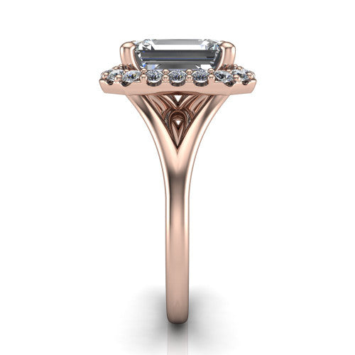 Seraphina emerald halo engagement ring in 18K Rose Gold, side profile showing the pavé split shank dividing into two diamond-lined rails beneath the halo