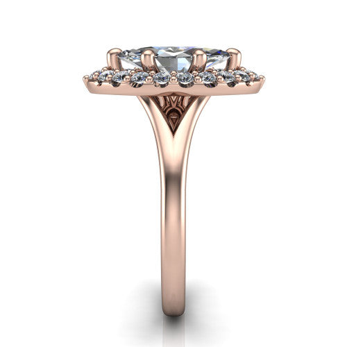 Seraphina marquise halo engagement ring in 14K Rose Gold, side profile showing the pavé split shank dividing into two diamond-lined rails beneath the halo