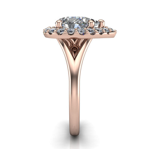 Seraphina pear halo engagement ring in 14K Rose Gold, side profile showing the pavé split shank dividing into two diamond-lined rails beneath the halo