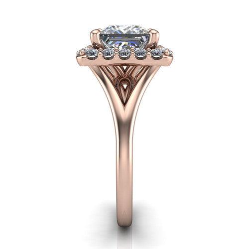 Seraphina princess halo engagement ring in 14K Rose Gold, side profile showing the pavé split shank dividing into two diamond-lined rails beneath the halo