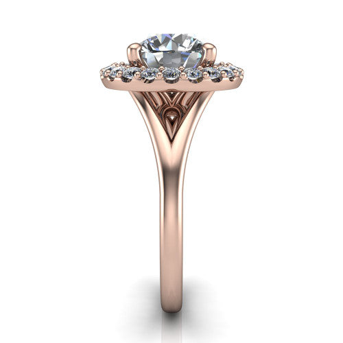 Seraphina round halo engagement ring in 18K Rose Gold, side profile showing the pavé split shank dividing into two diamond-lined rails beneath the halo