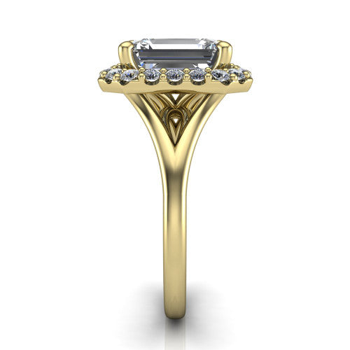 Seraphina emerald halo engagement ring in 18K Yellow Gold, side profile showing the pavé split shank dividing into two diamond-lined rails beneath the halo