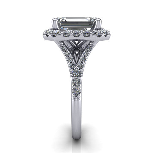 Sadie emerald halo engagement ring in 18K White Gold, side profile showing the pavé split shank dividing into two diamond-lined rails beneath the milgrain halo