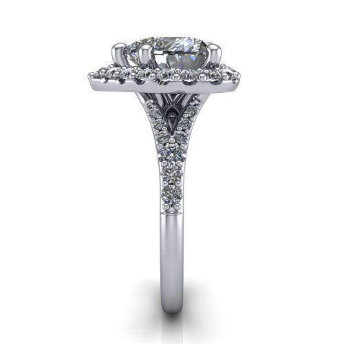 Sadie heart halo engagement ring in 18K White Gold, side profile showing the pavé split shank dividing into two diamond-lined rails beneath the milgrain halo
