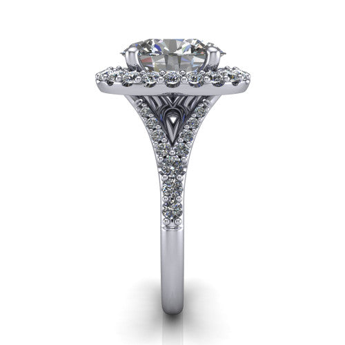 Sadie oval halo engagement ring in 18K White Gold, side profile showing the pavé split shank dividing into two diamond-lined rails beneath the milgrain halo