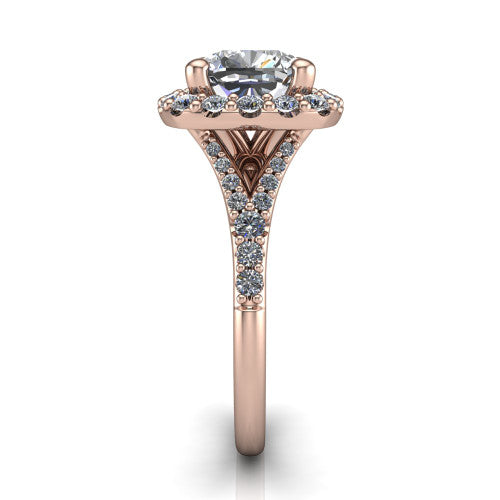 Sadie cushion halo engagement ring in 18K Rose Gold, side profile showing the pavé split shank dividing into two diamond-lined rails beneath the milgrain halo