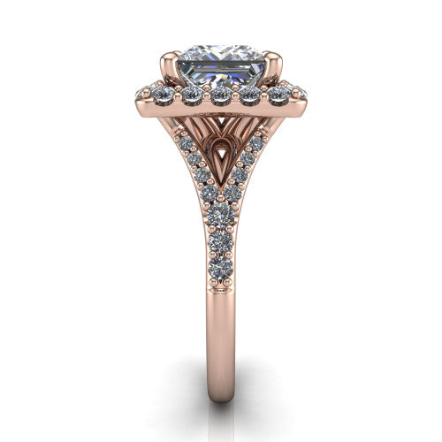 Sadie princess halo engagement ring in 14K Rose Gold, side profile showing the pavé split shank dividing into two diamond-lined rails beneath the milgrain halo