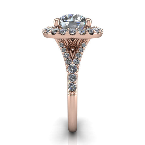 Sadie round halo engagement ring in 18K Rose Gold, side profile showing the pavé split shank dividing into two diamond-lined rails beneath the milgrain halo