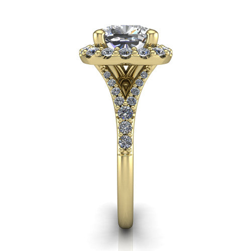 Sadie cushion halo engagement ring in 18K Yellow Gold, side profile showing the pavé split shank dividing into two diamond-lined rails beneath the milgrain halo