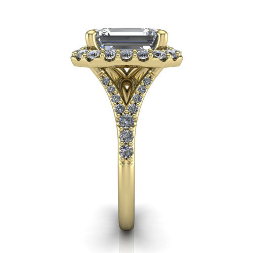 Sadie emerald halo engagement ring in 18K Yellow Gold, side profile showing the pavé split shank dividing into two diamond-lined rails beneath the milgrain halo