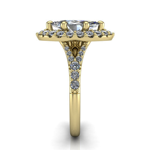 Sadie marquise halo engagement ring in 14K Yellow Gold, side profile showing the pavé split shank dividing into two diamond-lined rails beneath the milgrain halo