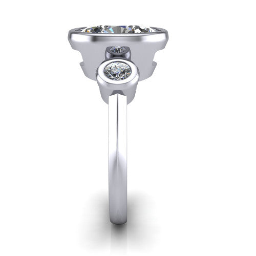 Daisy oval three stone engagement ring in 14K White Gold, side profile showing the bezel-set round side stone and the smooth polished band