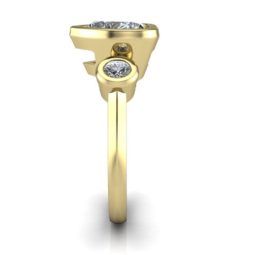 Daisy heart three stone engagement ring in 14K Yellow Gold, side profile showing the bezel-set round side stone and the smooth polished band