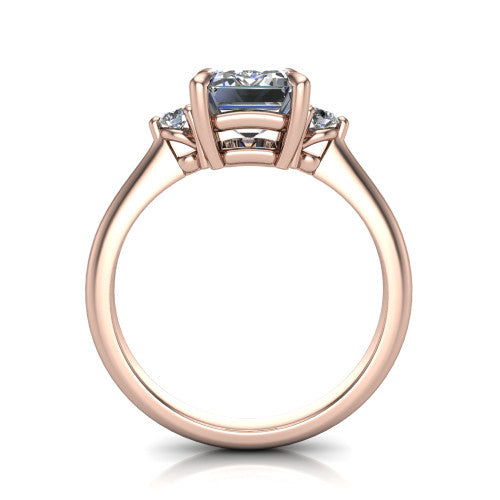 Olive emerald three stone engagement ring in 14K Rose Gold, side profile showing the round side stone and the smooth tapered polished band