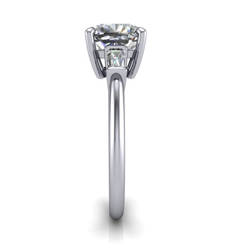 Jade cushion three stone engagement ring in 14K White Gold with tapered baguette side stones, side profile showing the plain band and bar-set baguette