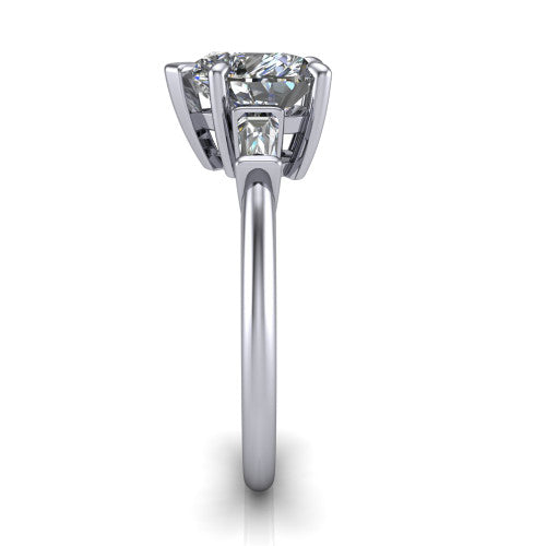 Jade heart three stone engagement ring in 14K White Gold with tapered baguette side stones, side profile showing the plain band and bar-set baguette