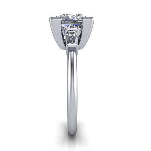 Jade princess three stone engagement ring in 18K White Gold with tapered baguette side stones, side profile showing the plain band and bar-set baguette