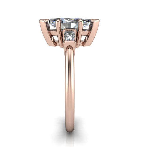 Jade marquise three stone engagement ring in 14K Rose Gold with tapered baguette side stones, side profile showing the plain band and bar-set baguette