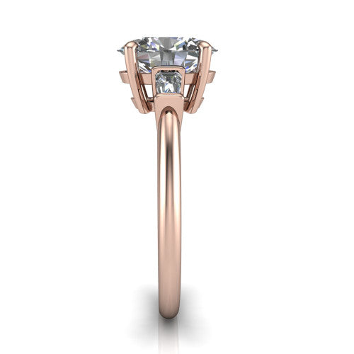 Jade oval three stone engagement ring in 18K Rose Gold with tapered baguette side stones, side profile showing the plain band and bar-set baguette