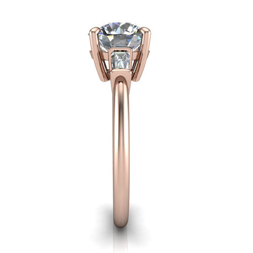 Jade round three stone engagement ring in 14K Rose Gold with tapered baguette side stones, side profile showing the plain band and bar-set baguette