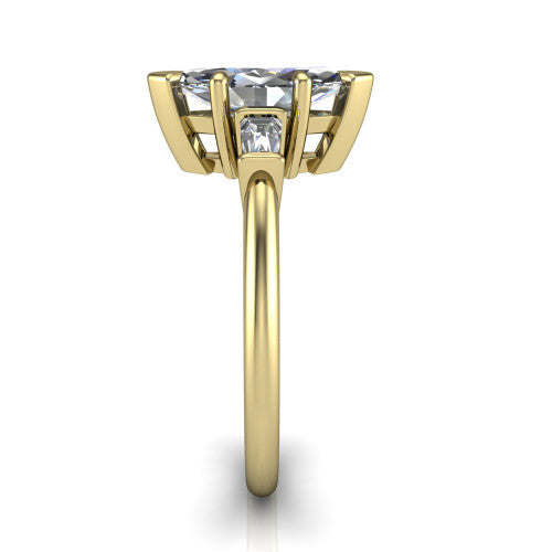 Jade marquise three stone engagement ring in 18K Yellow Gold with tapered baguette side stones, side profile showing the plain band and bar-set baguette