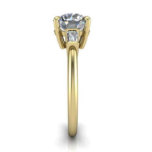 Jade round three stone engagement ring in 14K Yellow Gold with tapered baguette side stones, side profile showing the plain band and bar-set baguette