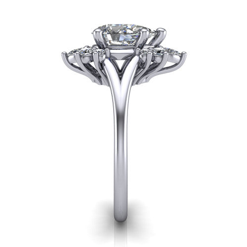 Sage pear halo engagement ring in Platinum, side profile showing the pear and round accent cluster and the polished split band