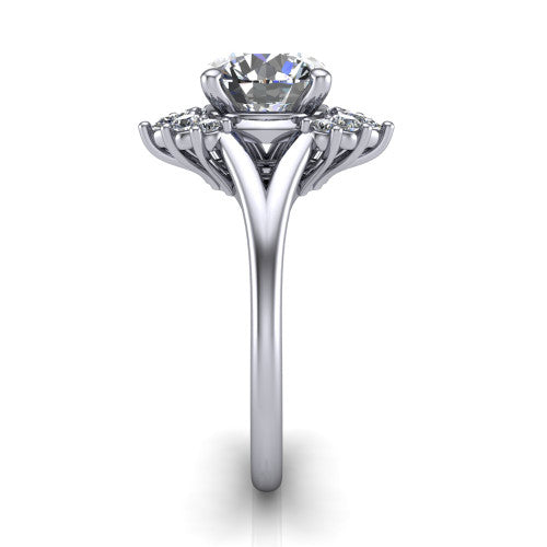 Sage round halo engagement ring in 18K White Gold, side profile showing the pear and round accent cluster and the polished split band