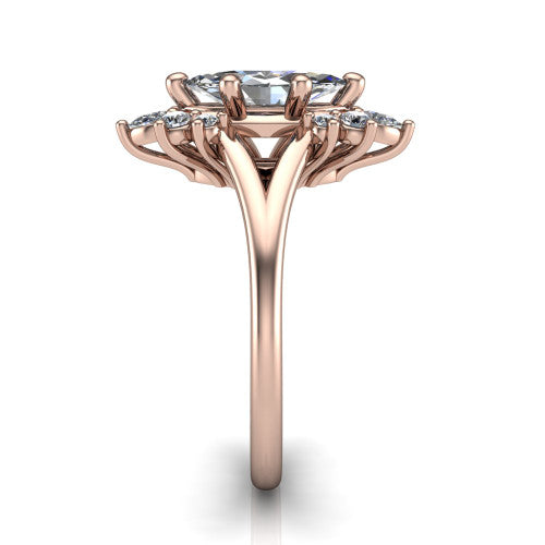 Sage marquise halo engagement ring in 18K Rose Gold, side profile showing the pear and round accent cluster and the polished split band