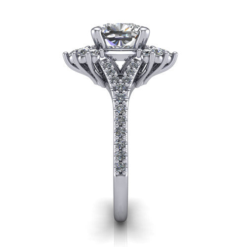 Sienna cushion halo engagement ring in 14K White Gold, side profile showing the pear and round accent cluster and the pavé split shank