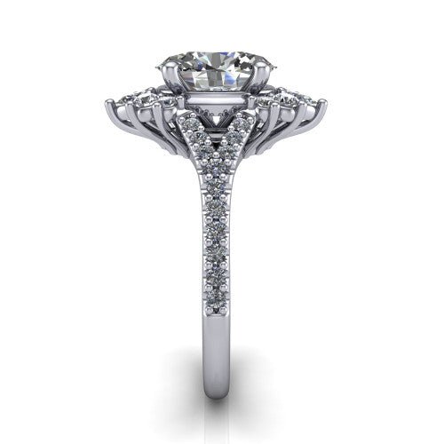Sienna oval halo engagement ring in Platinum, side profile showing the pear and round accent cluster and the pavé split shank