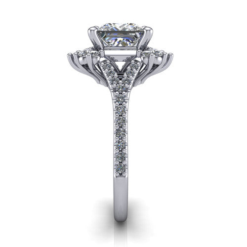Sienna princess halo engagement ring in 18K White Gold, side profile showing the pear and round accent cluster and the pavé split shank