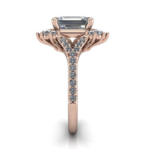 Sienna emerald halo engagement ring in 18K Rose Gold, side profile showing the pear and round accent cluster and the pavé split shank