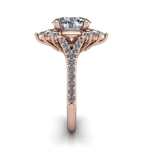 Sienna oval halo engagement ring in 14K Rose Gold, side profile showing the pear and round accent cluster and the pavé split shank