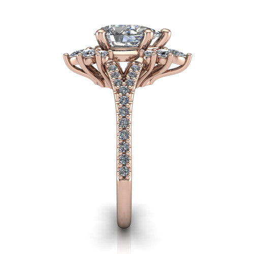 Sienna pear halo engagement ring in 14K Rose Gold, side profile showing the pear and round accent cluster and the pavé split shank