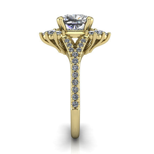 Sienna cushion halo engagement ring in 14K Yellow Gold, side profile showing the pear and round accent cluster and the pavé split shank