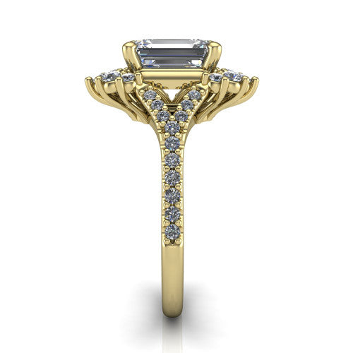 Sienna emerald halo engagement ring in 18K Yellow Gold, side profile showing the pear and round accent cluster and the pavé split shank