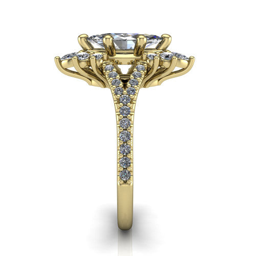 Sienna marquise halo engagement ring in 18K Yellow Gold, side profile showing the pear and round accent cluster and the pavé split shank