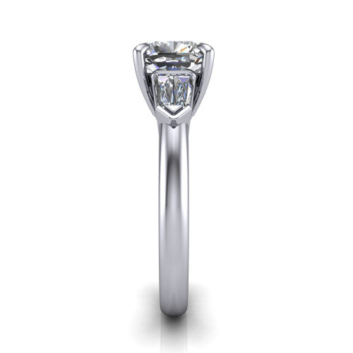 Gracie cushion three stone engagement ring in 14K White Gold, side profile showing the baguette side stones and polished band