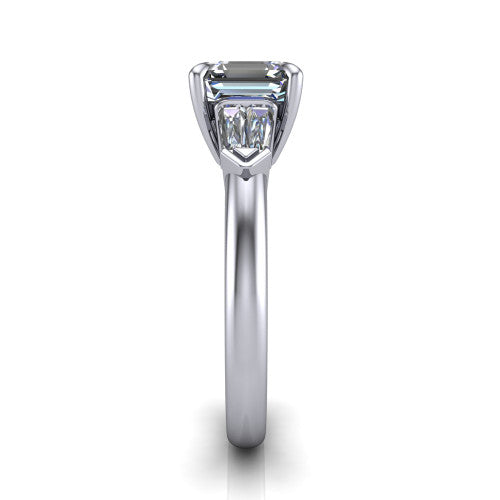 Gracie square emerald three stone engagement ring in 14K White Gold, side profile showing the baguette side stones and polished band