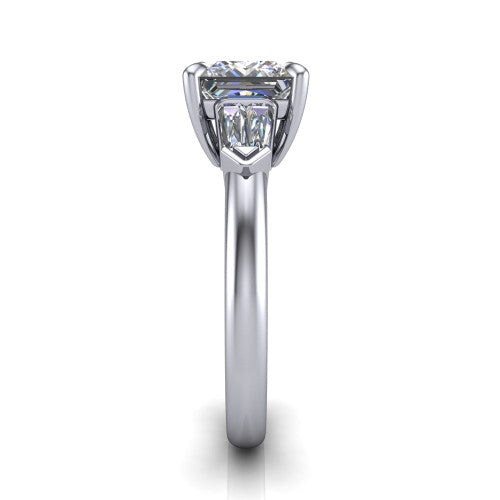 Gracie princess three stone engagement ring in Platinum, side profile showing the baguette side stones and polished band