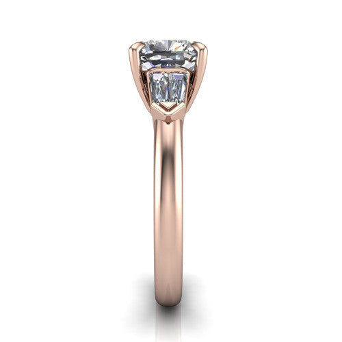 Gracie cushion three stone engagement ring in 18K Rose Gold, side profile showing the baguette side stones and polished band